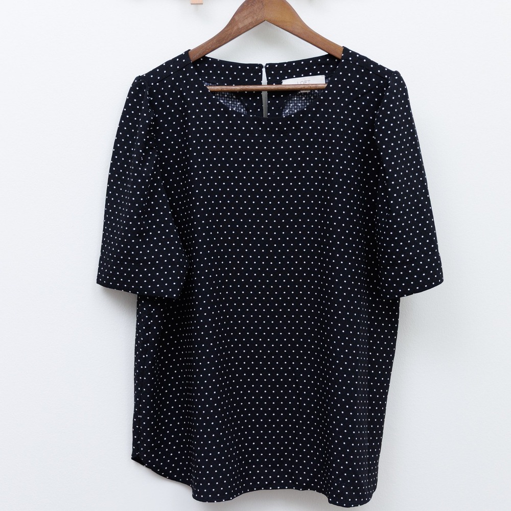 LOFT Black White Polka Dot Puff Sleeve Blouse Top XL
